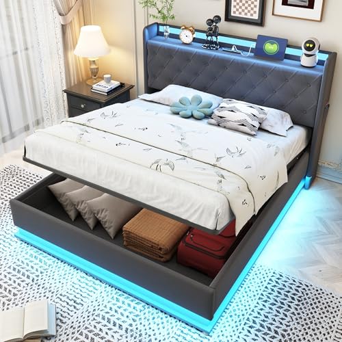 ECLIVON Cama Tapizada 140 x 200 cm con USB y Iluminación LED, Estructura Cama Matrimonio con Almacenaje Hidráulica, Camas Matrimoniales con Láminas de Metálicas, Lino, Gris, Sin Colchón