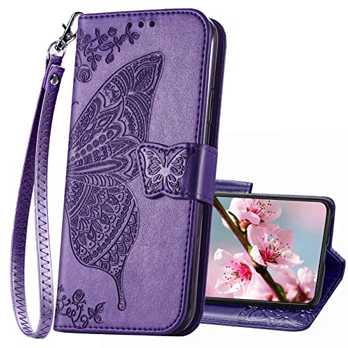KRHGEIK for Samsung Galaxy S23 5G Case Wallet,Women Flip Folio Cover with Butterfly Embossed PU Leather Kickstand Credit Card Holders Slots Wrist Strap Phone Case 6.1' (Purple)