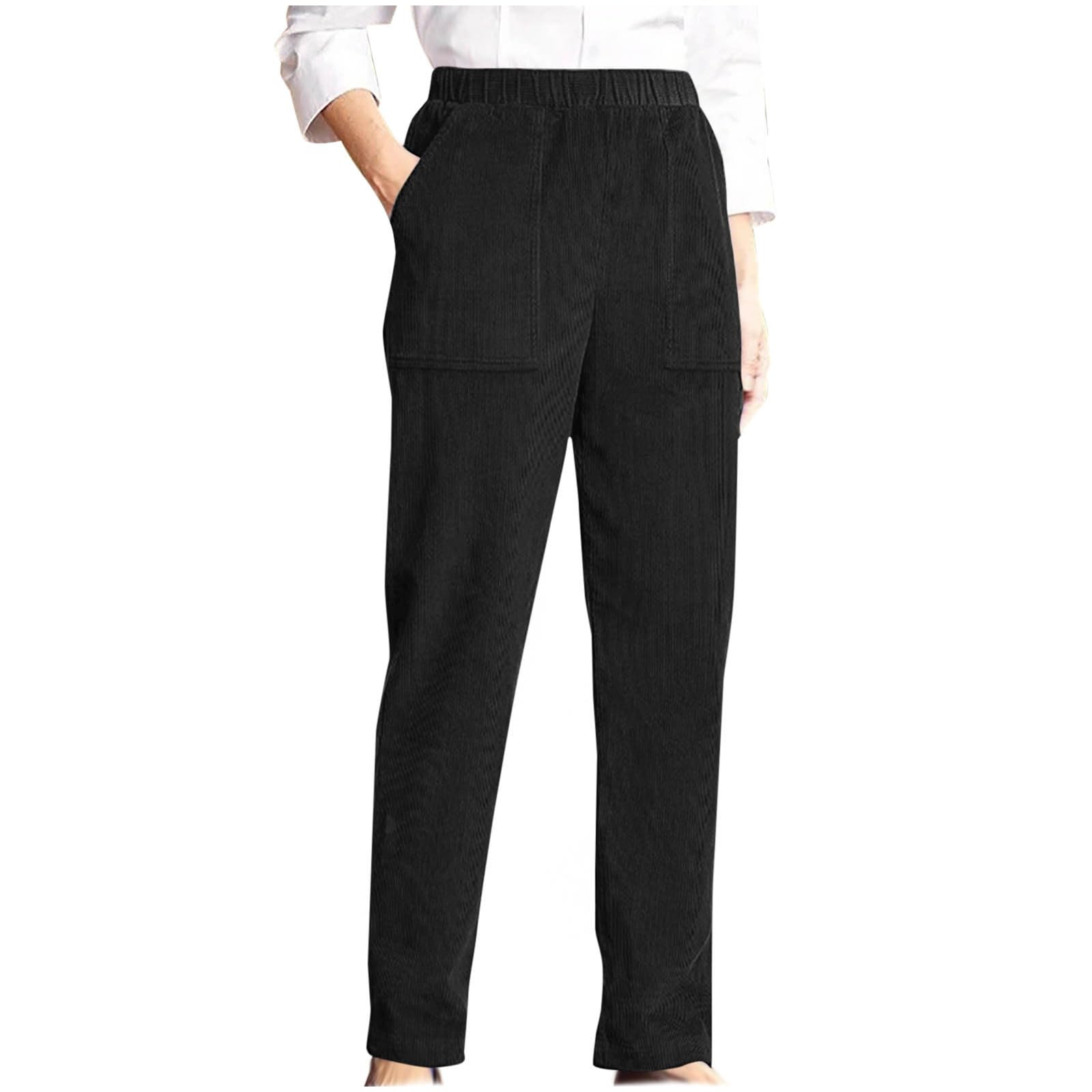 Women Corduroy Pants Trendy Straight Leg Work Pants Casual Cozy Elastic Waist Joggers for Office Business with Pocket