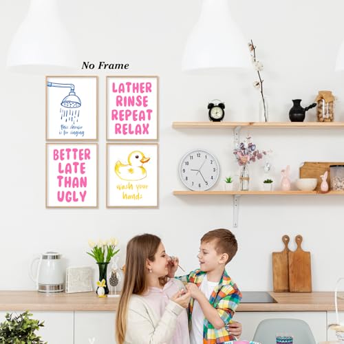 Image of Boat Wades Blue and Pink Bathroom Wall Art Prints Set of 4, Watercolor Shower Head Yellow Baby Duck Posters Pictures Wall Decor for Kids Girls Bathroom Washroom Restroom Toilet, 8x10 Unframed