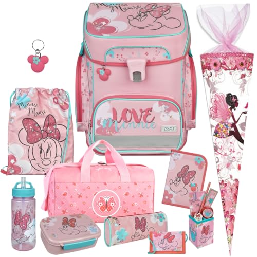 Pridera Minnie Mouse - Scooli Undercover EasyFit Schulranzen-Set 11tlg. Brotdose und Trinkflasche, Stifteköcher, Brustbeutel, mit passender Sporttasche und Schultüte