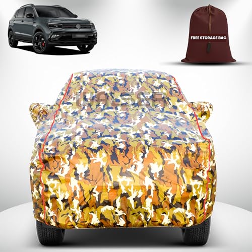 Image of Walser Waterproof Car Cover for Volkswagen Taigun | All-Weather Full Car Body Protection | with Mirror & Antenna Pocket | Dustproof, Windproof & Anti-Scratch Lining, Camouflage