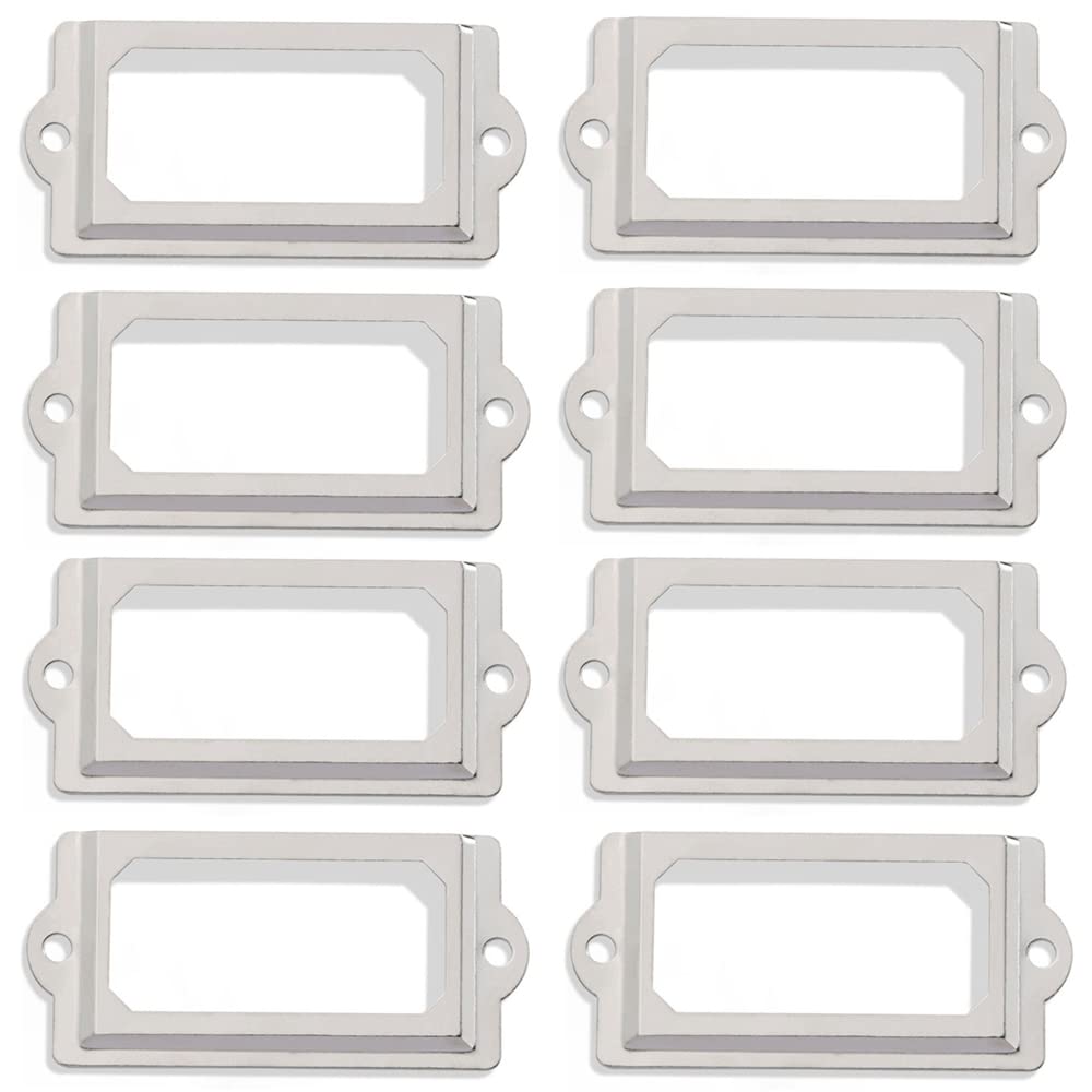 8PCS Brass Drawer Label Holder Pull Cabinet Frame Handle Office File Name Card Holder with Screws (Silver)