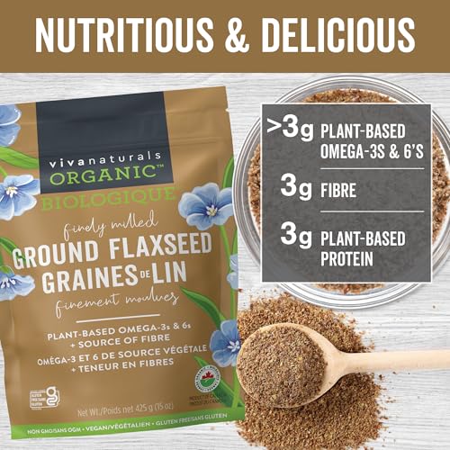 Image of Viva Naturals Organic Ground Flaxseed, - Plant-Based Protein, Vegan Omega-3 & Fiber, Finely Milled Flax Seeds, Perfect for Smoothies & Baking, (425 g) 15 Ounce (Pack of 12)