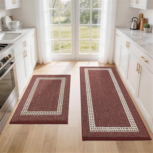 COSY HOMEER Kitchen Rugs Non-Slip 20x30/20x48 Inch Thick Polypropylene Standing Mat for Home Machine Washable, Red Red Square 20"x30"+20"x48"