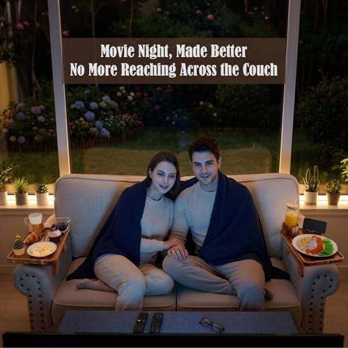 Image of Nnewvante 2 Pack Couch Armrest Table, 3 in 1 Large 15.36 inchx9.85 inch Acacia Wood Sofa Arm Clip on Tray Table with 360Rotated Phone Drink Holder on Armrest