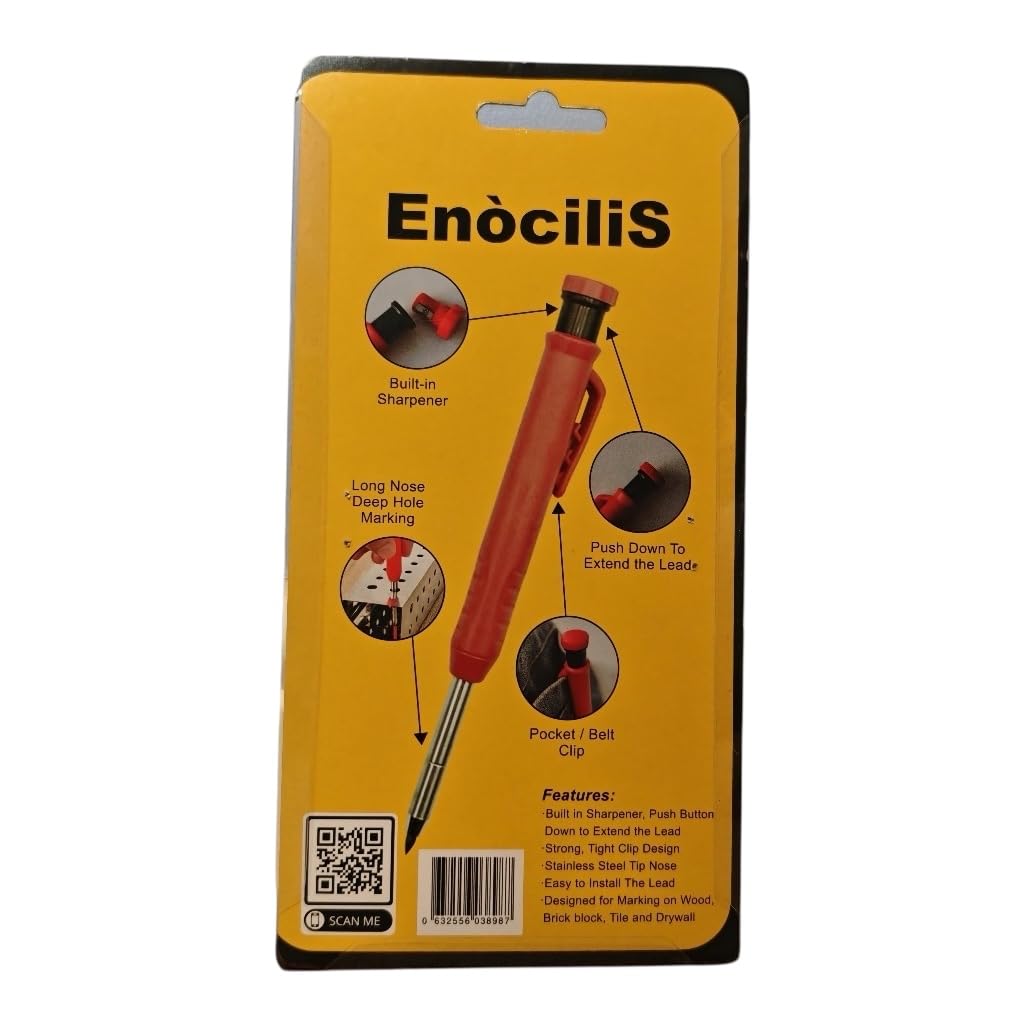 Tracer Pencil Carpenters Pencil EnociliS, Built-in Sharpener, Deep Hole Marking, 2.8mm Lead, Stainless Steel Tip - Image 2