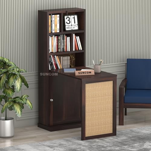 Image of SUNCOM Solid Sheesham Wood Foldable Study Table for Adults - Computer Table for Home - Office Table for Office Work from Home Table with Door Cabinet & Shelf Storage - Rosewood, Natural (Walnut, Cane)