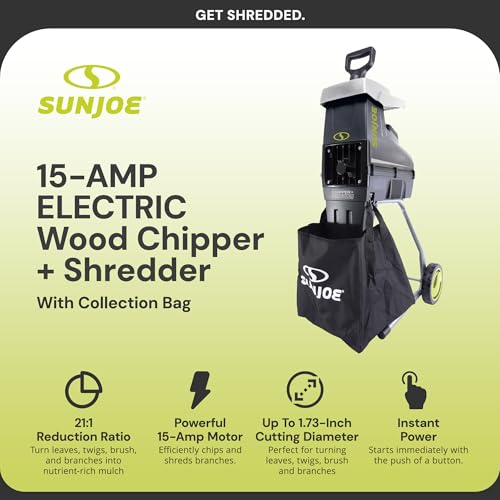 Image of Sun Joe 15-Amp Silent Electric Wood Chipper Shredder Yard Machine, 1.7 inch Cutting Diameter