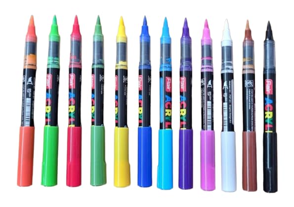 Image of FLAIR Liquid Acrylic Marker 12 Assorted Shades With Brush Tip, High & Rich Pigmented Colours| True Opaque, Bold & Broad Strokes, Multi-Surface Use| For Abstract, Pop & Graphic Design Art