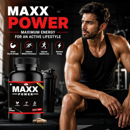 Image of Maxx Power Herbal Capsules for Men with Ashwagandha, Shilajit, Kaunch Beej & Safed Musli | Supports Energy, Strength, Stamina & Men's Wellness | Daily Herbal Supplement | 60 Veg Capsules