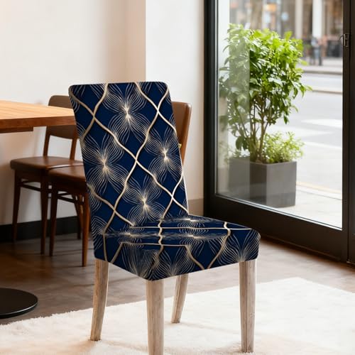 Image of Nuxovilar 4PCS Dark Blue Gold Line Floral Grid Stretch Covers