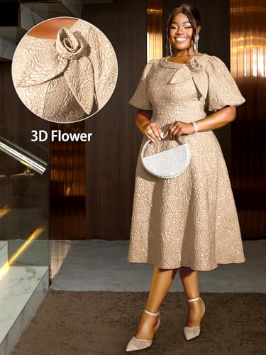 Image of AOMEI Women's Irregular Neck with Flower Short Puff Sleeve High Waist A-Line Jacquard Dress