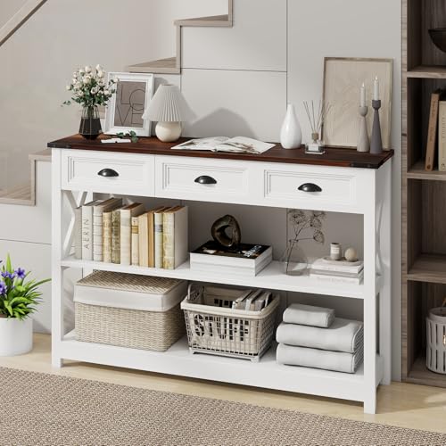 Vabches Sofa Table with 3 Drawers, Farmhouse Narrow Wood Accent Console Table Entryway Table with Storage Shelf for Entryway, Living Room, Foyer, Front Hall, Hallway, White