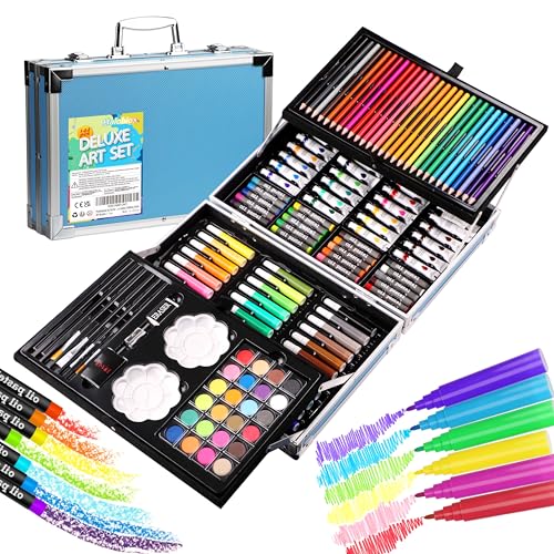 Halobios Kunstset, 144-teiliges Deluxe-Malset im Aluminium-Kunstkoffer mit Aquarellstiften, Buntstiften, Farben, Ölpastellen, Mal- und Zeichenbedarf,...