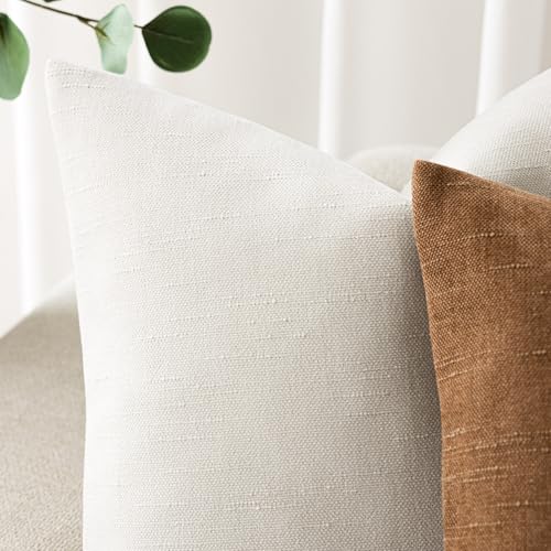 Image of Foindtower Pack of 2 Soft Textured Chenille Throw Decorative Pillow Covers Square Accent Solid Cushion Cover Neutral Farmhouse Pillow Case for Couch Sofa Bedroom Living Room 22x22 Inch, Ivory White
