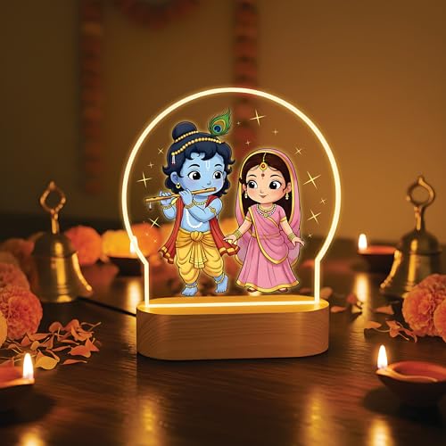 Image of Giftplease Radha Krishna LED Night Light - Cute Chibi Devotional Table Lamp with Warm Glow - Printed Spiritual Decor for Home Mandir, Kids' Bedroom & Office - Ideal Diwali or Housewarming Gift GL 20