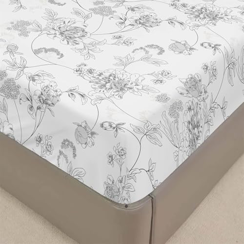 Surwin Sábana Bajera Ajustable, Estampados Elegantes Microfibra Suave Transpirable Sabanas, Elástico en el Borde Bolsillo Profundo 30cm para Grueso Colchón (135x190,Blanco)