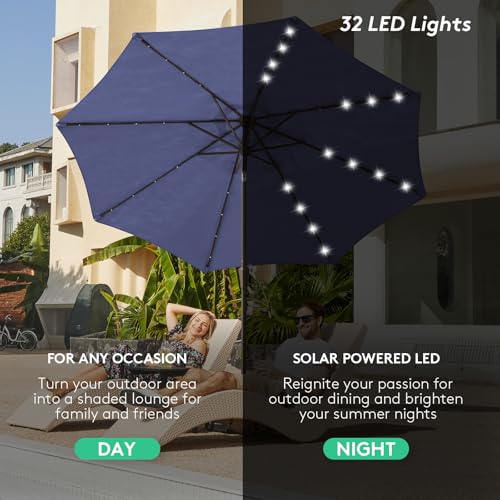 Image of JEAREY 9FT Outdoor Patio Umbrella with Solar Lights, LED Lighted Pool Umbrella with Tilt and Crank, Outdoor Table Umbrellas for Deck, Yard & Market (Dark Blue)