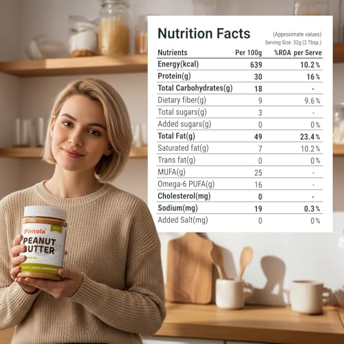 Image of Pintola Organic Unsweetened Peanut Butter Crunchy 1kg - High Protein 30g & 9g Dietary Fiber, Made with Organic Peanuts, No Added Sugar, No Preservatives