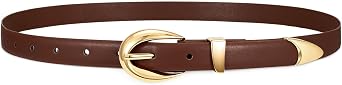SUOSDEY Womens Skinny Leather Belt for Jeans Dresses Pants,Ladies Thin Waist Gold Silver Buckle Belt 0.8"