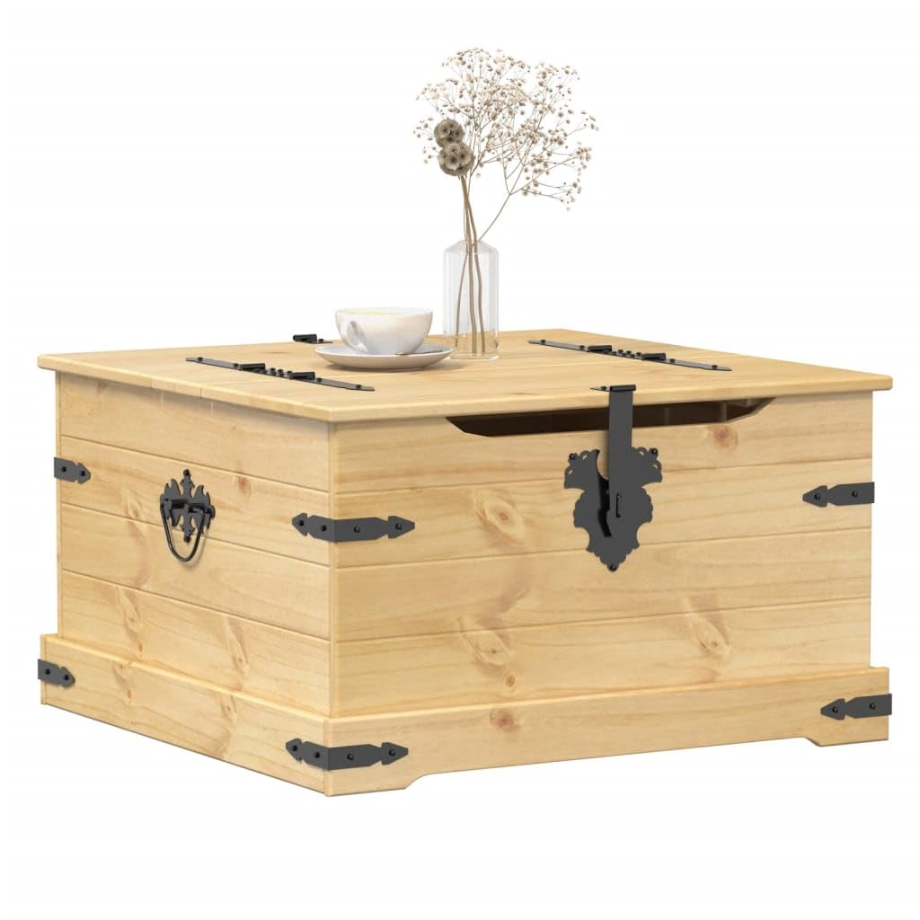 Baúl Corona 78 x 78 x 45 cm - Baúl de madera de pino macizo con acabado en cera de miel - Mesa de centro rústica con espacio de almacenamiento y muelle de gas - Caja de almacenamiento