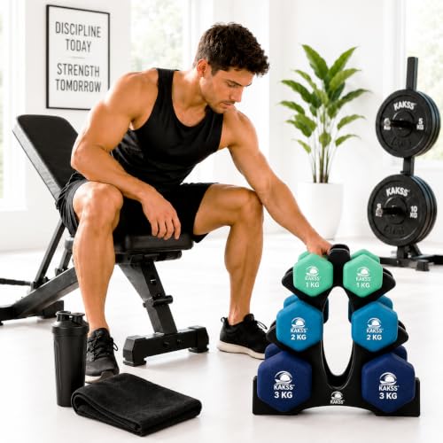 Image of KAKSS Neoprene Dumbbells Set with Stand, 12kg (2 x 1kg, 2 x 2kg, 2 x 3kg), Multicolor Hex Dumbbells Hand Weights for Home Gym, Workout, Strength Training, Fitness Exercise for Women & Men