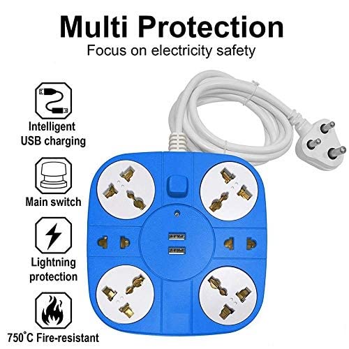 Image of Extension Cord with 2 USB Charging Ports and 4 Socket Heavy Duty Multiplug Extension Board for Multiple Devices - Smartphone, Computer, Tablet, Laptop (Color May Vary)
