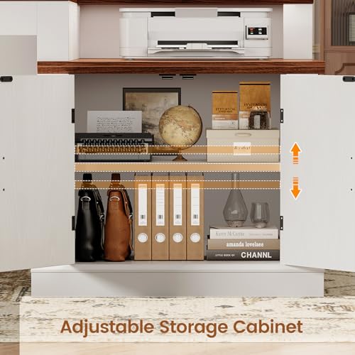Image of SEDETA Farmhouse 70.9 inch Executive Desk, Home Office Desk with File Drawers and Storage Cabinet, Computer Desk with Power Outlet for Home Office, Work Study Writing, White+Brown