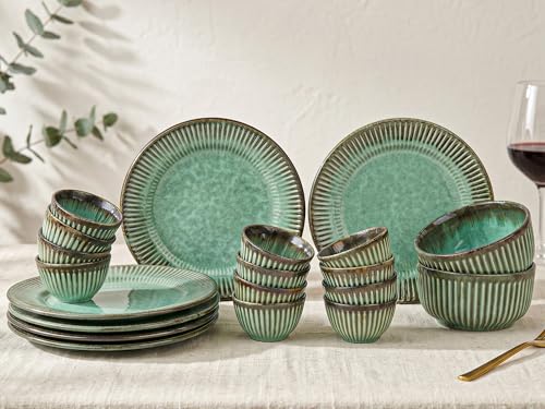 Image of Bodhi House Premium 20-Piece Stoneware Dinner Set Serving for 6 - Handcrafted Ceramic Plates, Bowls & Serving Bowls | Microwave & Dishwasher Safe | Elegant Modern Tableware Crockery Turquoise Green