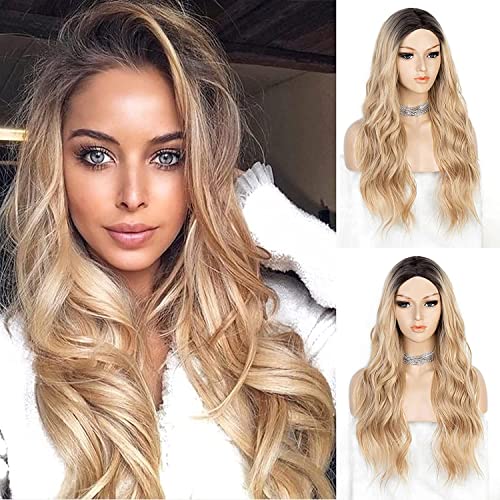 K'ryssma Ombre Blonde Wig with Black Roots Wavy Long Synthetic Wig for Women 22 inches Heat Resistant