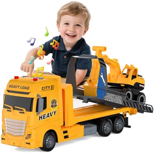 21.2'' Semi Construction Truck Toy for 3 4 5 Years Old Boys - With Racing Car and Excavator, Friction Powered Transport Truck Crane Vehicle with Lights and Sounds for Boy Christmas Birthday Gifts
