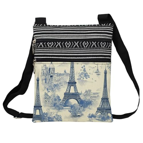 Blue Eiffel Tower Messenger Bag Small Ethnic Pattern Printed Adjustable Strap Crossbody Zipper Bag Blue Eiffel Tower Phone Bag Wallet Cute Shoulder Handbag for Women