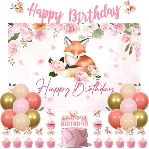 JOYMEMO Fox Birthday Party Decorations for Girl Pink Floral Woodland Fox Party Supplies Kit with 5x3ft Backdrop Happy Birthday Banner Double Sided Cake Topper Cupcake Toppers and 16 Balloons