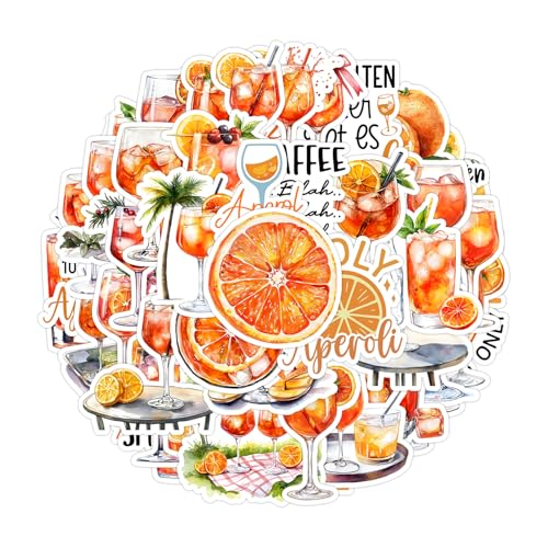 Aperol Geschenk – 50 Stück Aperol Spritz Sticker Set, Bunte DIY Aufkleber für Glas, Flasche, Notizbuch, Deko & Party, Sommerliche Sticker im Aperol Design
