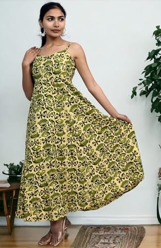Image of JAIPUR HAND BLOCK Cotton Sleeveless Long Flared A Line Dress|Gown (S00063)