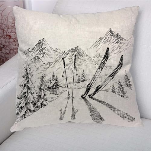 Aycubw Federa per cuscino invernale con montagna e sci, per divano, camera da letto, soggiorno, 45,7 x 45,7 cm