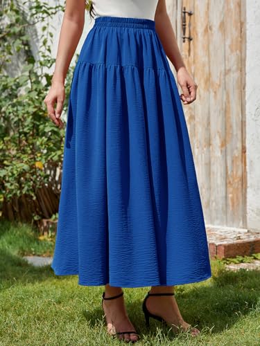 EeYu Tiered Maxi Skirt for Women Summer Elastic Waist A-line Beach Casual Flowy Swing Pleated Long Skirts with Pockets4