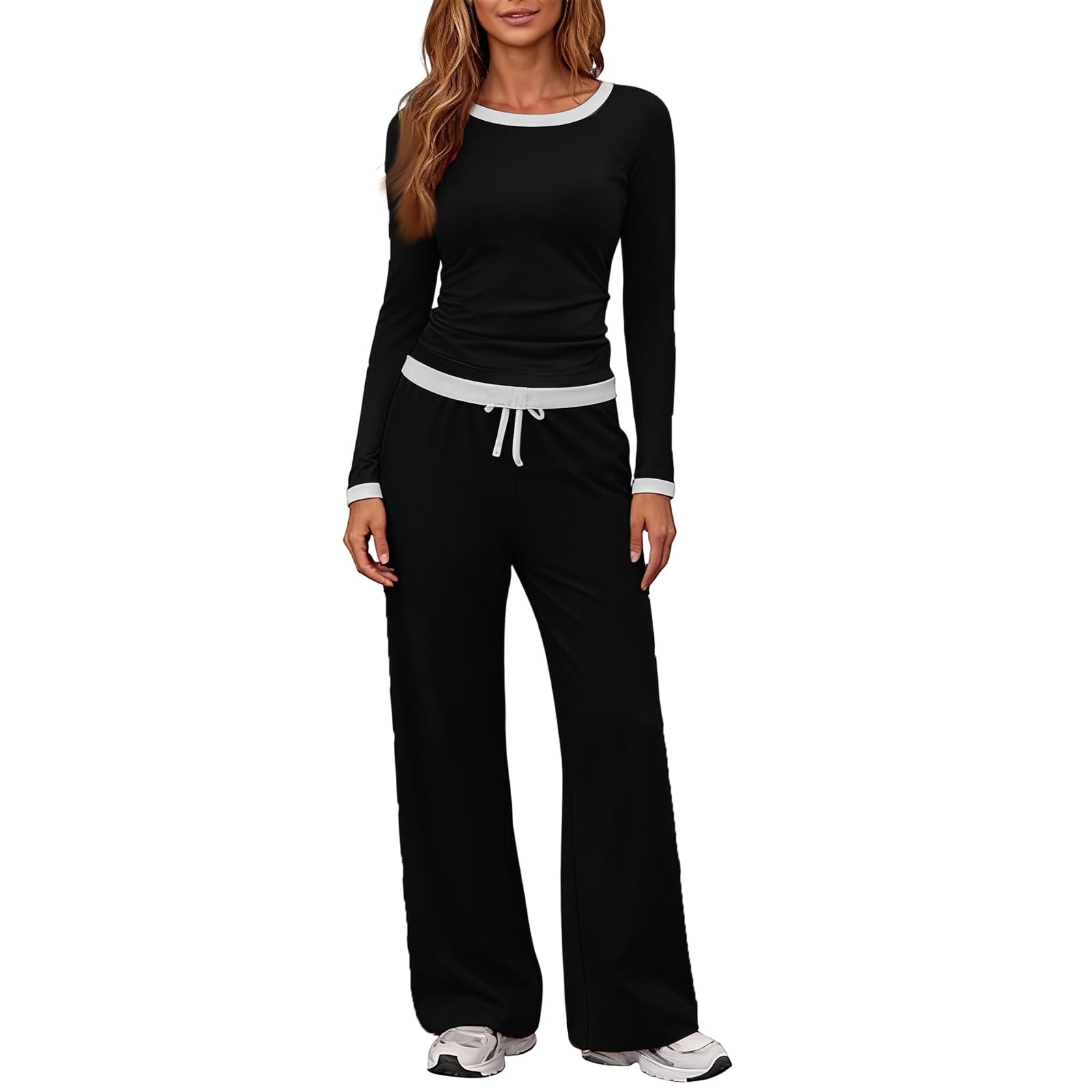Tops Y Pantalones Mujer Caer Manga Larga Lindo Atuendo Exterior Cintura del Imperio Delgado Estirar Bloque