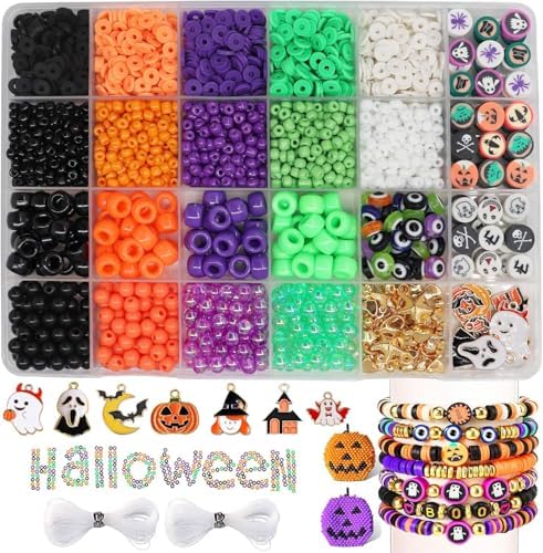 2355PCS Halloween Clay Beads Bracelet Making Kit Seed Beads with Ghost Pumpkin Bat Charms Kit for Jewelry Making Halloween Gifts DIY Friendship Bracelet Kit for Girls, Lover