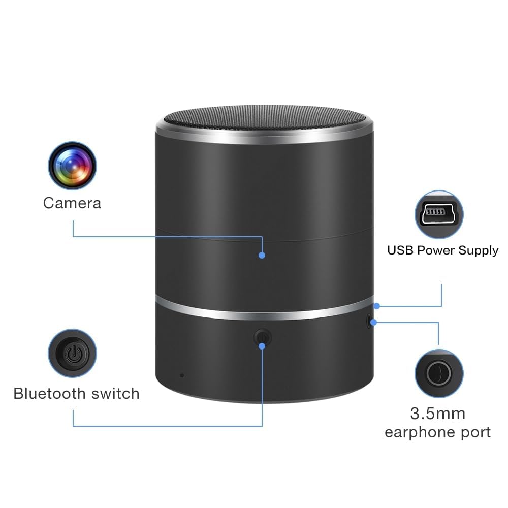 Caméra espion cachée – Haut-parleur Bluetooth WiFi avec objectif rotatif à 180°, caméra de nounou sans fil HD 1080p, détection de mouvement, application de diffusion en direct pour la surveillance à