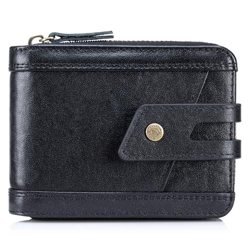 Image of Genuine Leather Wallets for Men with Zipper RFID Blocking Large Capacity Classic Mens Wallet with Coin Pocket ID Window, Black