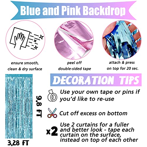Image of 4 Pack 3.2Ft x 9.8Ft Pink Blue Fringe Curtain Backdrop, Metallic Tinsel Foil Fringe Streamers Curtains Background for Photo Booth Wedding Gender Reveal Backdrop Boy or Girl Birthday Party Decoration
