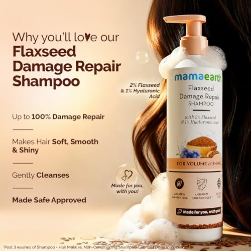 Image of Mamaearth Flaxseed Damage Repair Shampoo with 2% Flaxseed, 1% Hyaluronic Acid, Ceramides for Volume & Shine | 100% Damage Repair | Soft, Smooth & Shiny Hair | Dry & Frizzy Hair | Sulphate & Paraben Free | 250 ml