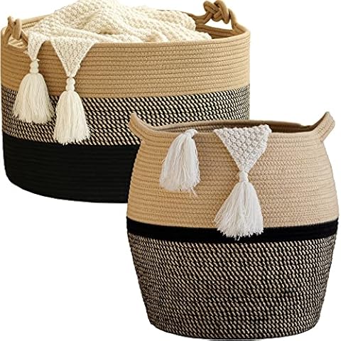 KAKAMAY Large Blanket Basket,Woven Rope Baskets for storage Baby Laundry Hamper, Cotton Rope Blanket Basket for Living Room, Laundry, Nursery, Pillows,Baby Toy chest (Jute/Black) Cover