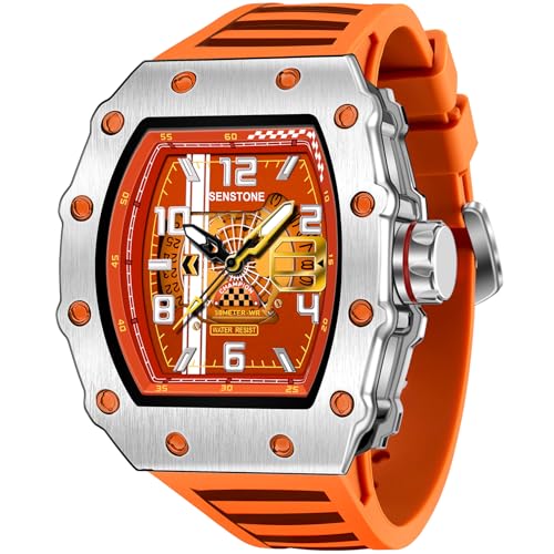senstone Mens Watches Tonneau Design Analog Unique Sports Quartz Wrist Watch for Men with Luminous Date Calendar Rubber Strap Silicone Band (Orange)