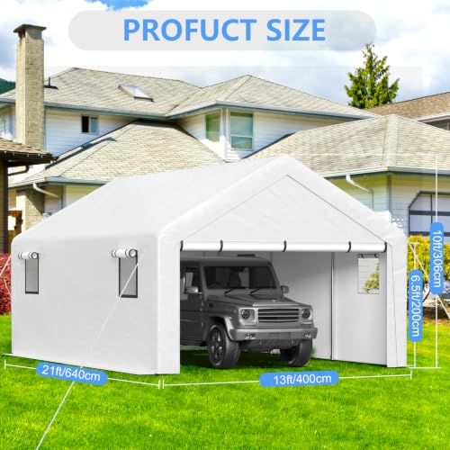 Image of Jocoevol 13x21 FT Enclosed Carport with Roll-up Windows, Removable Sidewalls & Doors and Sandbags for Car Boat Truck Motorcycle, White