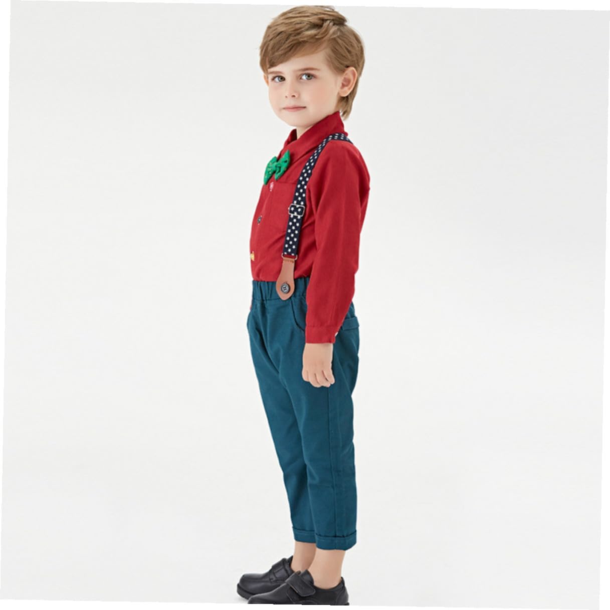 LIOOBO Christmas Suspender Trouser Set with Long-sleeved Bow Tie Shirt for Boys, Red 110cm Festival Outfit, ’s Holiday Clothing Suit