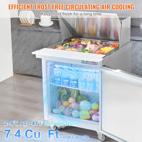 Image of VEVOR 28 inch Commercial Refrigerator, 12 Pans Sandwich & Salad Prep Table, 7.4 Cu. Ft Stainless Steel Refrigerated Food Prep Station, Frost Free Mega Top Refrigerator for Restaurant, Food Truck, Bar