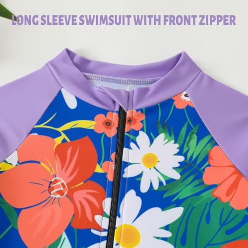 Image of Kids Girls Swimsuit Long Sleeve One Piece Swimwear Zipper Bathing Suit UV Protection Rash Guard Swimming